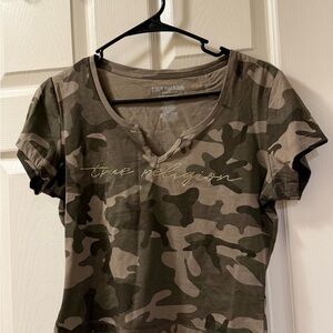 True Religion Olive Camo Scoop-Neck Tee with Rhinestone Logo